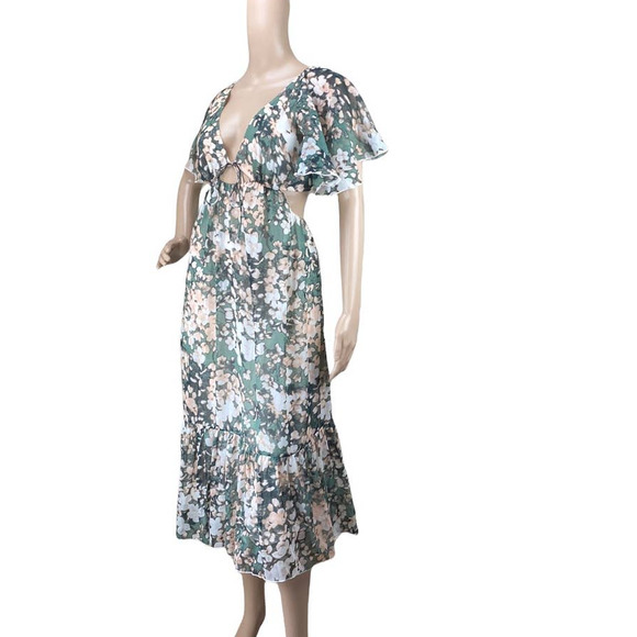 New ASOS Design Green Peach Blurred Floral Print Tie Front Cutout Midi Dress 8 - Picture 3 of 11